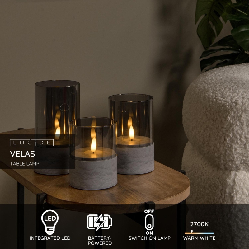 Lucide VELAS - Stolná lampa - Batérie - Ø 8 cm - LED - Smoke Grey - Sada 3 ks